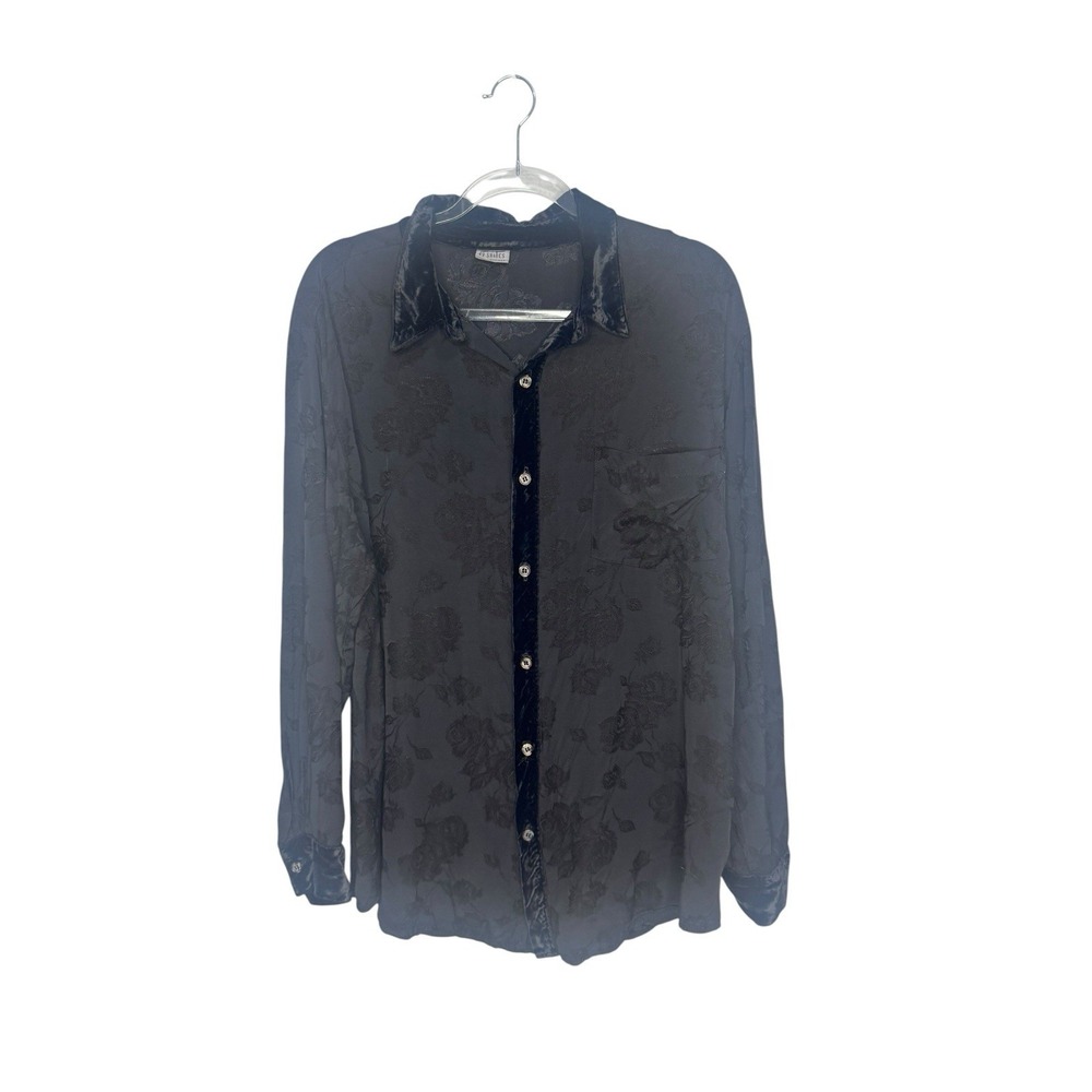 CP Shades Black Floral Jacquard Shirt Size S Button Up Long Sleeves Velvet Trim